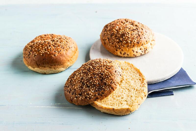 Wholemeal round soft bun burger with sesame and linseed