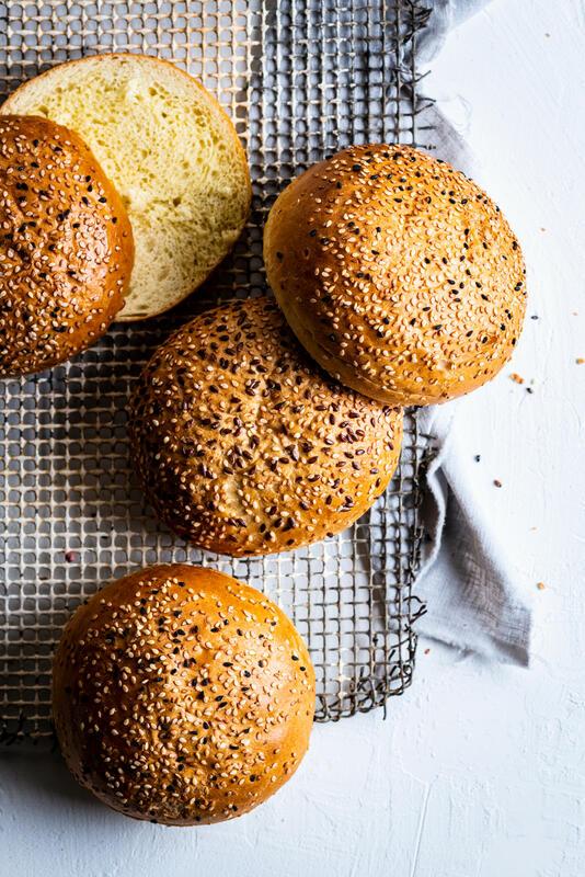 Wholemeal round soft bun burger with sesame and linseed